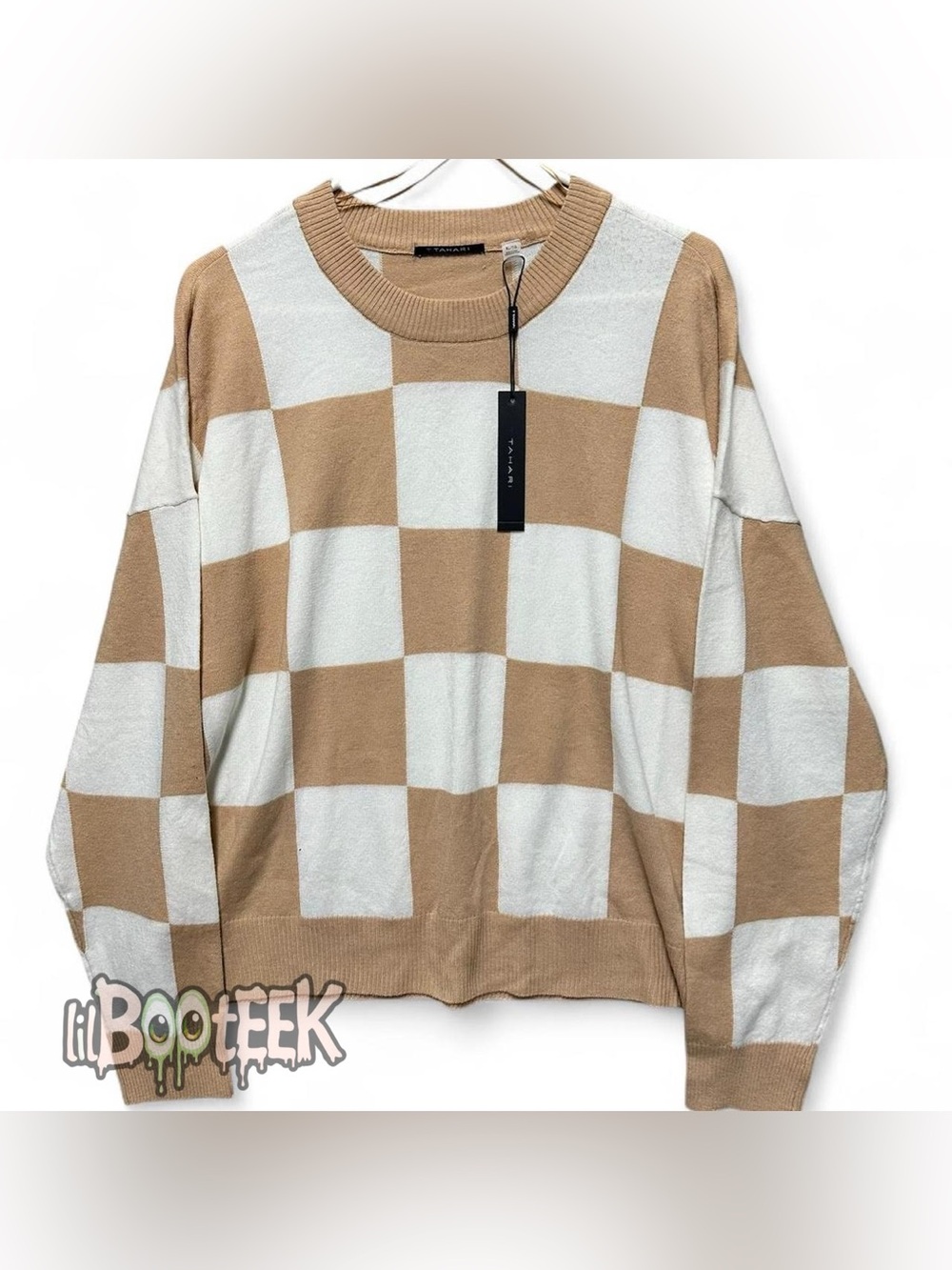 Tahari Ladies Beige and White Checkerboard Long Sleeve Sweater - NWT Large